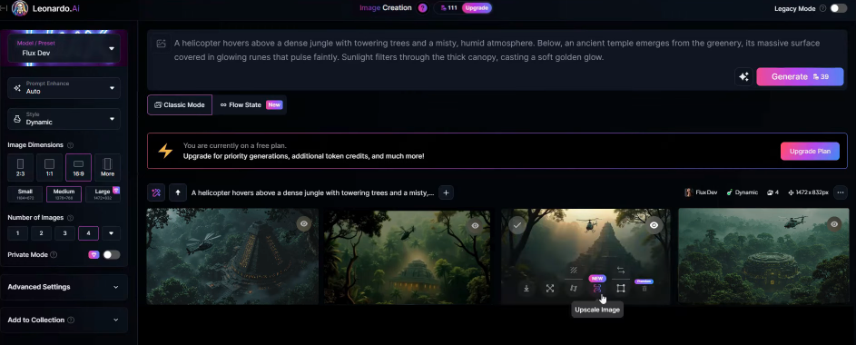 Leonardo AI’s interface and image generated by Leonardo AI