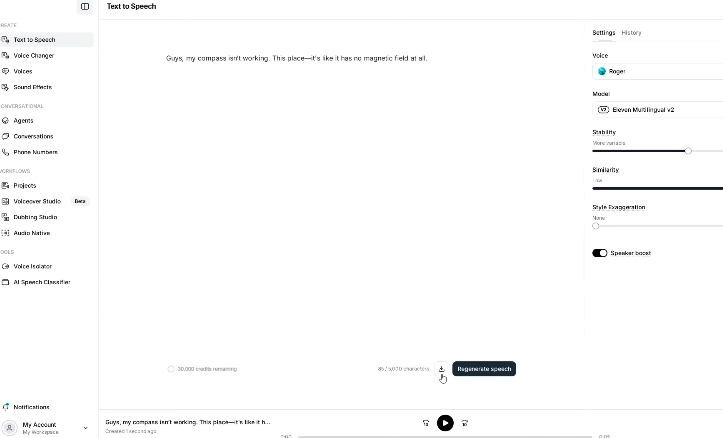 ElevenLabs interface showing audio generation