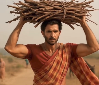 An actor picking up firewood