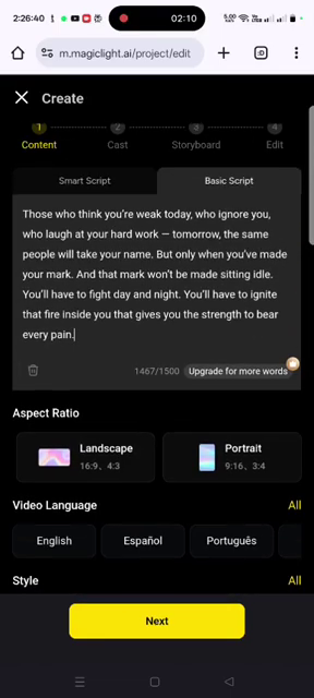 Paste your script (up to 1500 characters) on MagicLight AI