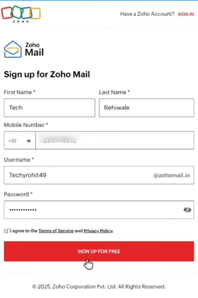Tap Sign Up and fill in name, mobile number, and username