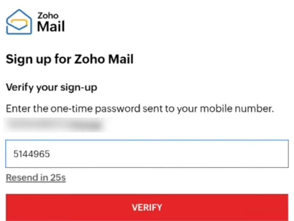 Zoho sends a 5–6 digit OTP to the mobile number you provided